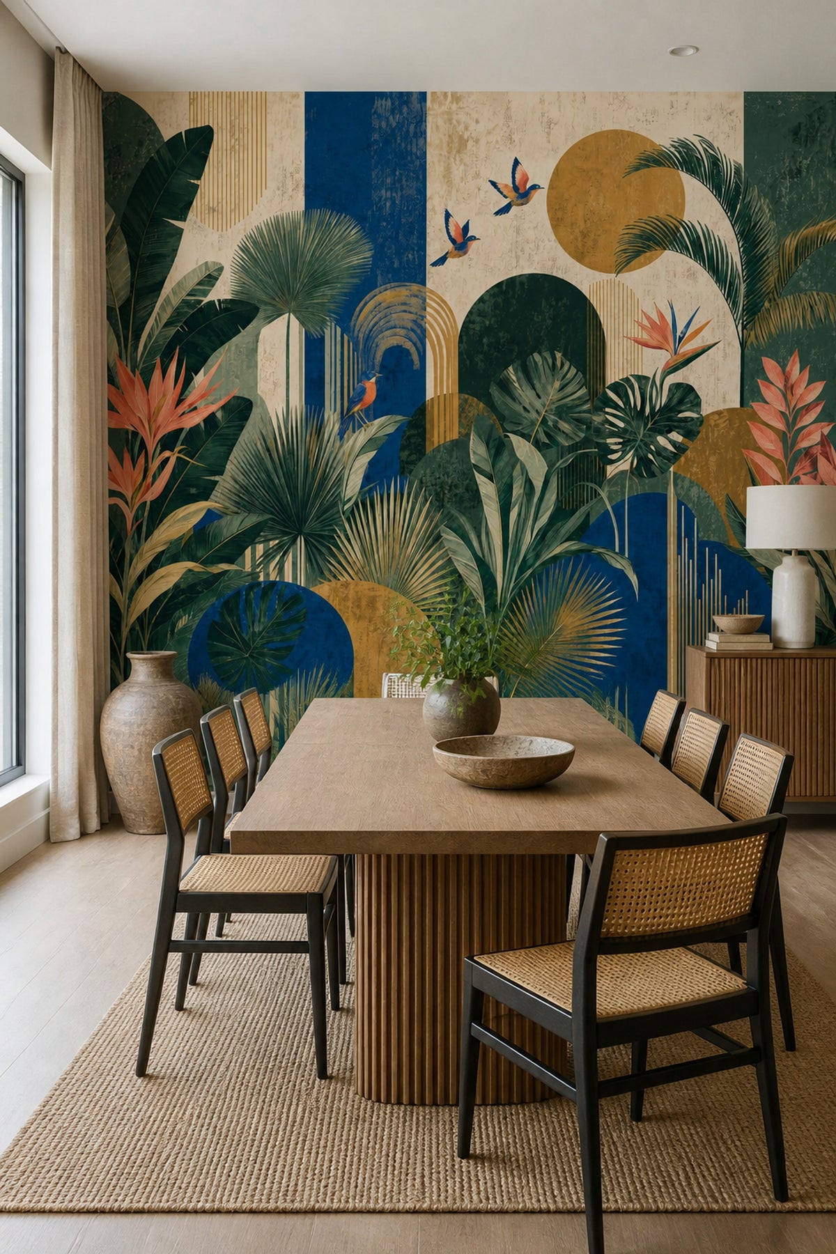 Tropical Botanical Wall Mural Art Deco Jungle with Exotic Birds