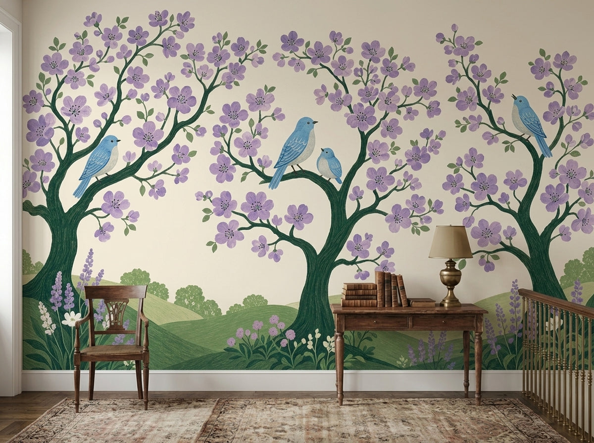 Blossom Tree Wall Mural Blue Birds Lavender Floral Garden Wall Art