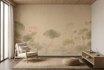 Lotus Pond Wall Mural Japanese Zen Watercolor Botanical Wallpaper