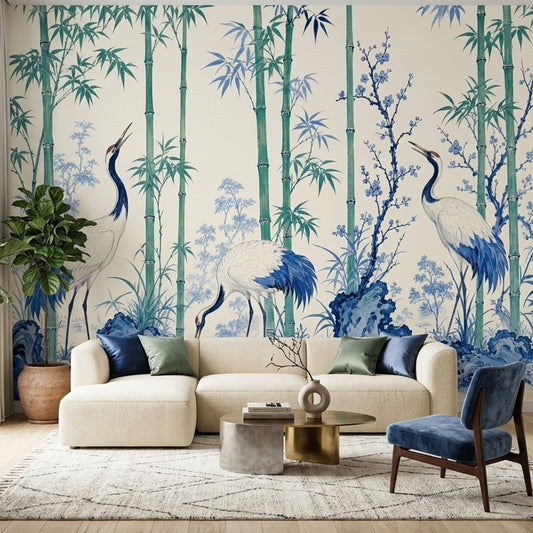 Chinoiserie Crane Wall Mural Blue White Bamboo Bird Botanical Wallpaper