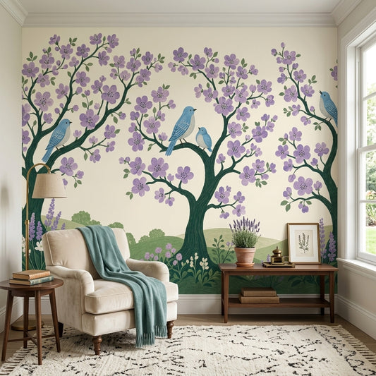 Blossom Tree Wall Mural Blue Birds Lavender Floral Garden Wall Art