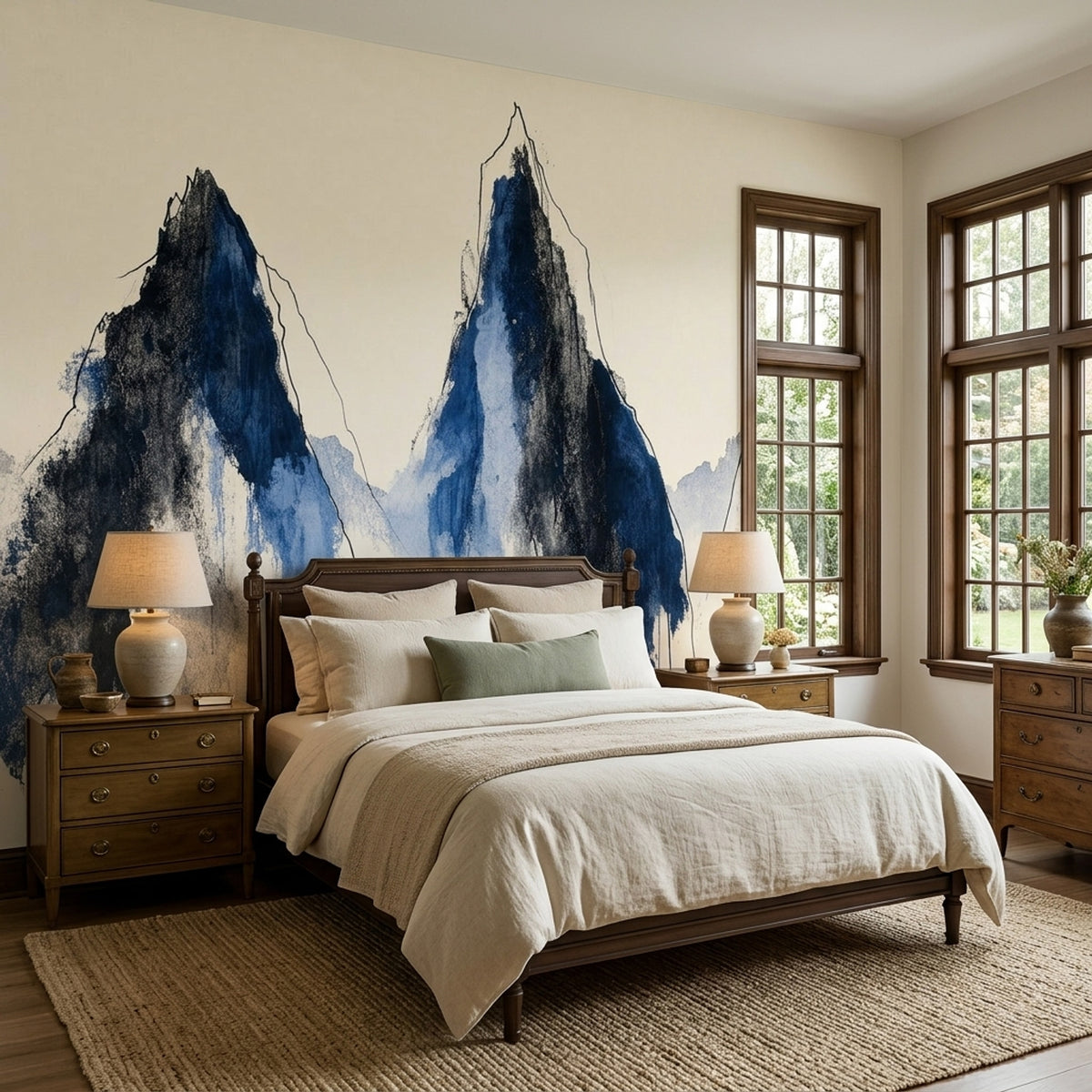 Abstract Mountain Wall Mural Indigo Blue Ink Wash Modern Landscape Wall Art