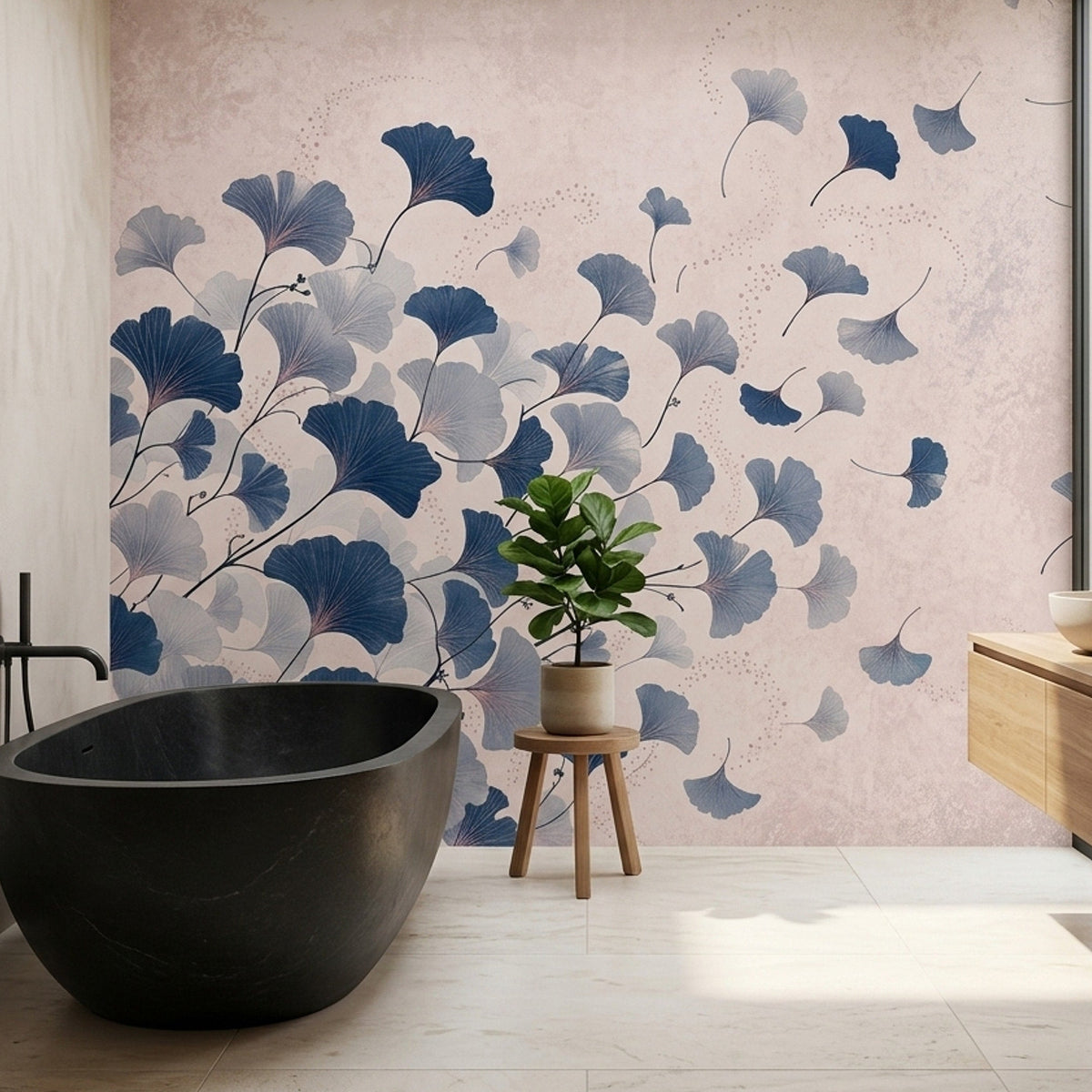 Ginkgo Leaf Wall Mural Navy Blue Botanical Art Blush Pink Statement Wall