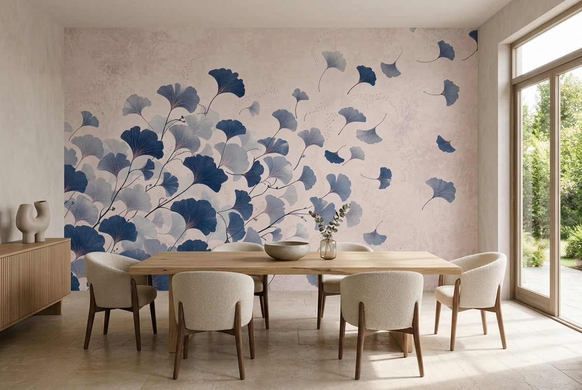 Ginkgo Leaf Wall Mural Navy Blue Botanical Art Blush Pink Statement Wall
