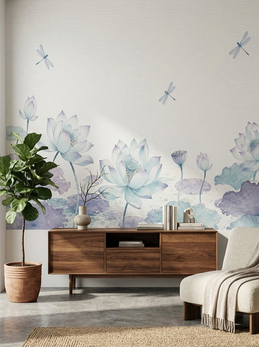 Watercolor Lotus Wall Mural Dragonflies Soft Blue Floral Pond Wall Art