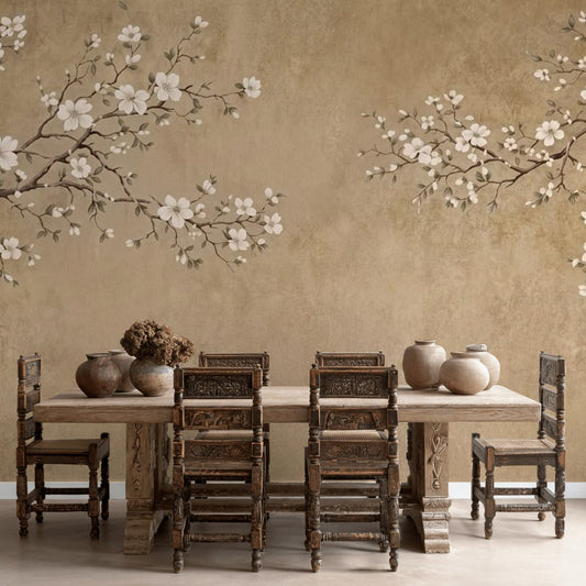 Chinoiserie Blossom Wall Mural Neutral Beige Floral Wallpaper Botanical Branches
