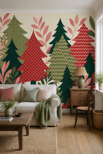 Christmas Tree Wallpaper Retro Scandinavian Holiday Wall Mural