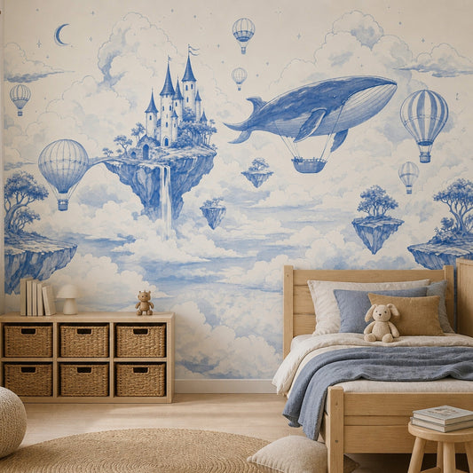 Blue Toile Wallpaper Fantasy Landscape Wall Mural Floating Islands