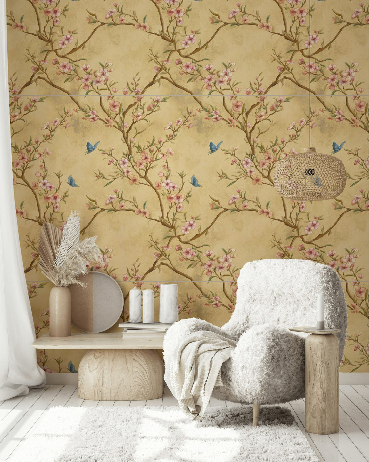 Champagne Gold Blossom Wallpaper Dusty Pink Floral Blue Butterfly
