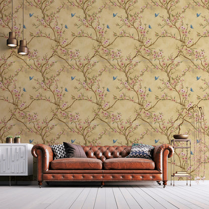 Champagne Gold Blossom Wallpaper Dusty Pink Floral Blue Butterfly