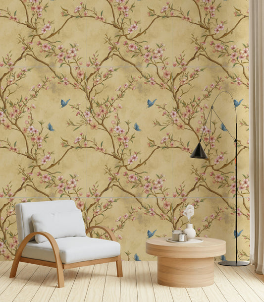 Champagne Gold Blossom Wallpaper Dusty Pink Floral Blue Butterfly