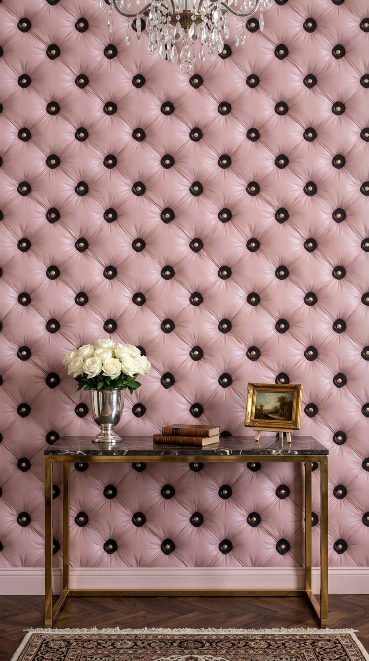 Blush Pink Tufted Wallpaper Button Diamond Pattern Glam Wall Decor