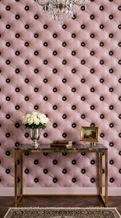 Blush Pink Tufted Wallpaper Button Diamond Pattern Glam Wall Decor