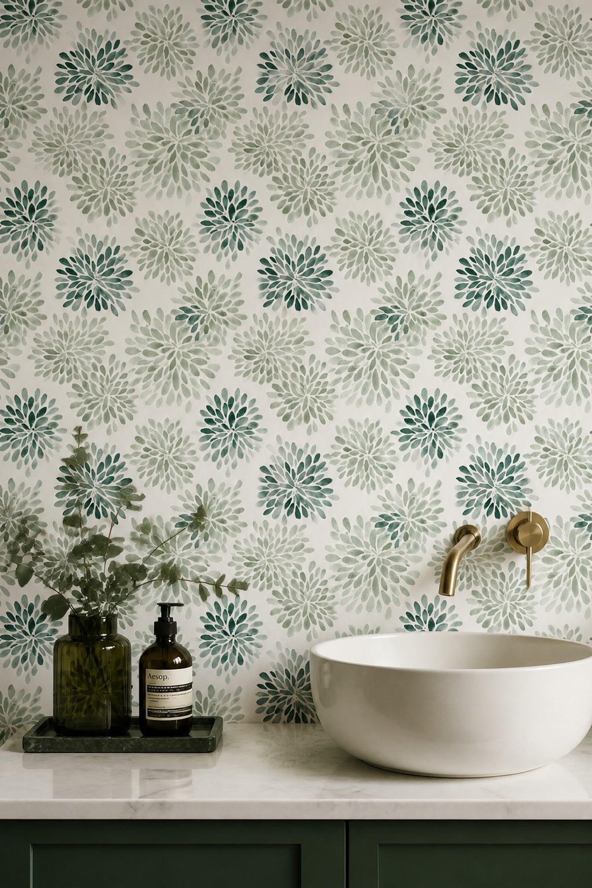 White Background Wallpaper Green Watercolor Botanical Pattern