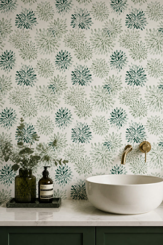 White Background Wallpaper Green Watercolor Botanical Pattern