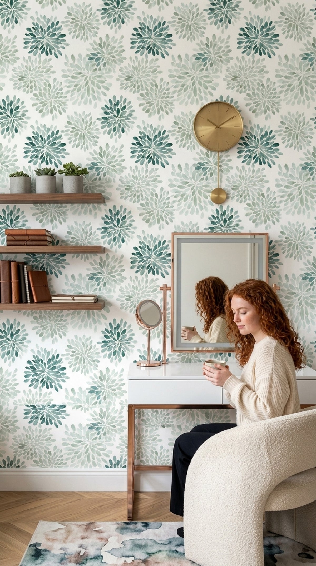White Background Wallpaper Green Watercolor Botanical Pattern