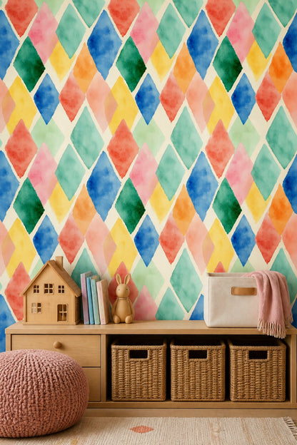 Watercolor Harlequin Wallpaper Colorful Geometric Diamond Pattern