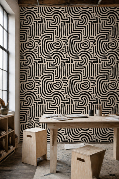 Abstract Maze Wallpaper Black Cream Hand Drawn Line Pattern