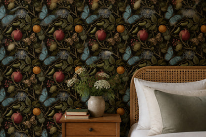 Blue Butterfly Wallpaper Dark Botanical Pomegranate Pattern