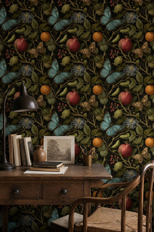 Blue Butterfly Wallpaper Dark Botanical Pomegranate Pattern