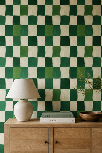 Green Checkered Wallpaper Wavy Checker Cream Pattern