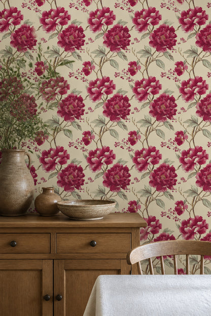 Peony Wallpaper Crimson Floral Botanical Pattern
