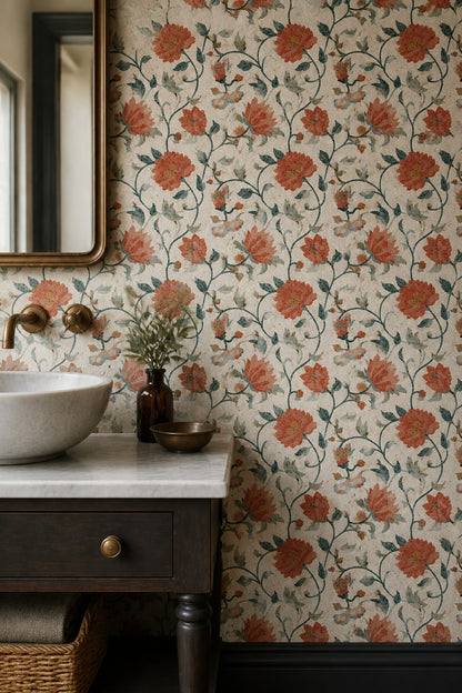 Mosaic Floral Wallpaper Terracotta Teal Botanical Pattern