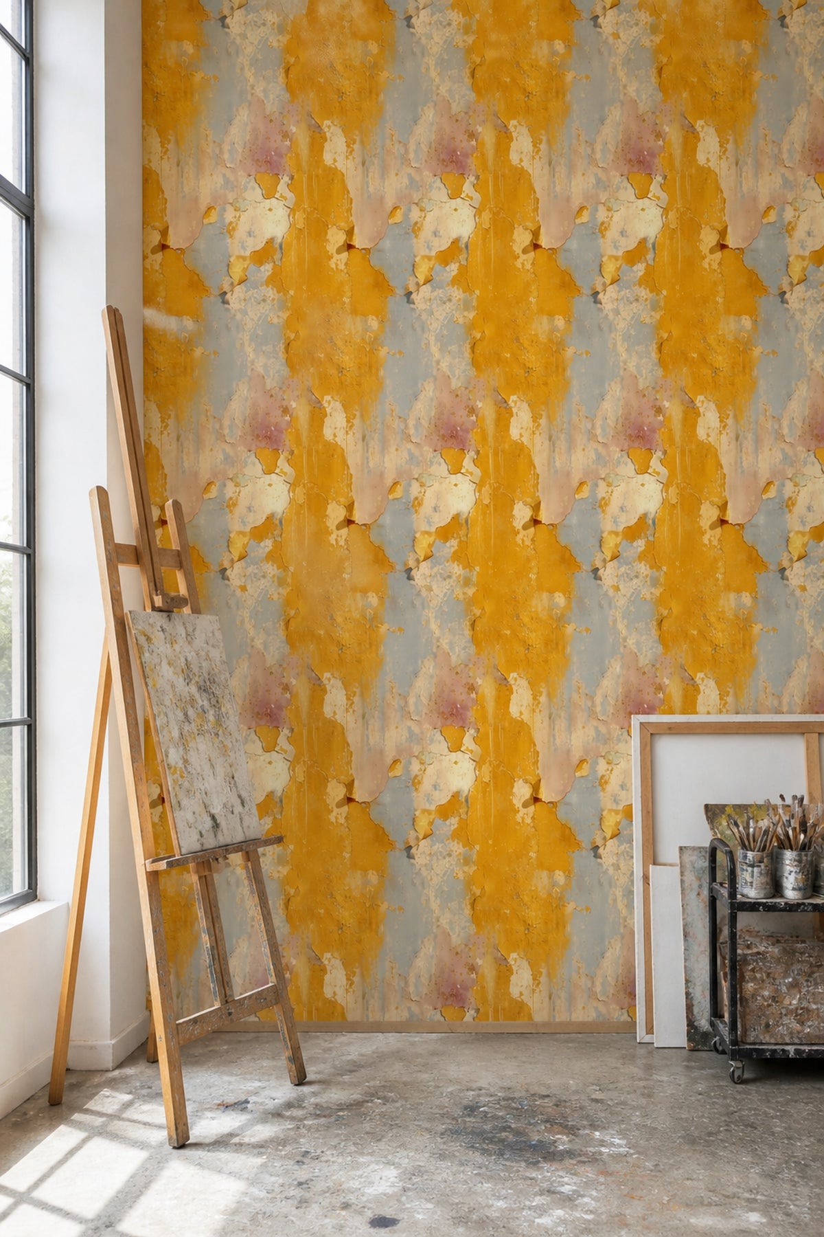 Distressed Plaster Wallpaper Mustard Ochre Weathered Wall Texture