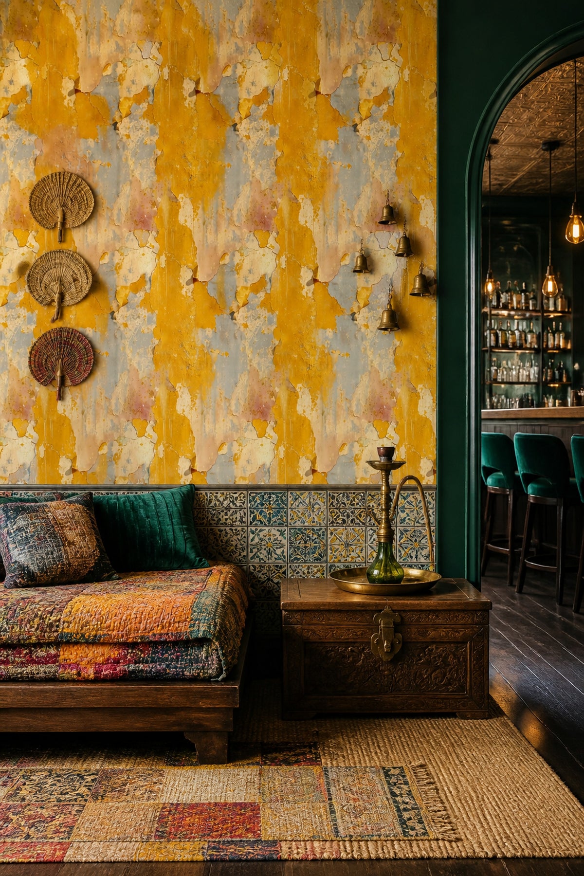 Distressed Plaster Wallpaper Mustard Ochre Weathered Wall Texture