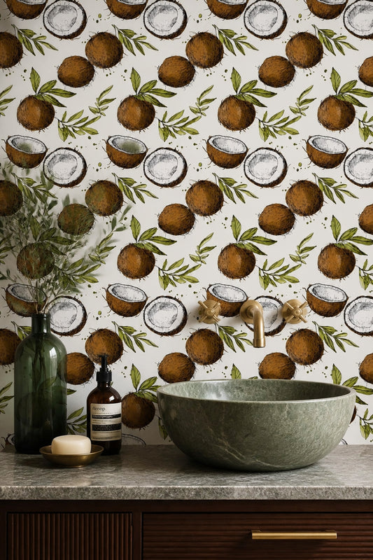 Coconut Wallpaper Hand Drawn Tropical Fruit Pattern