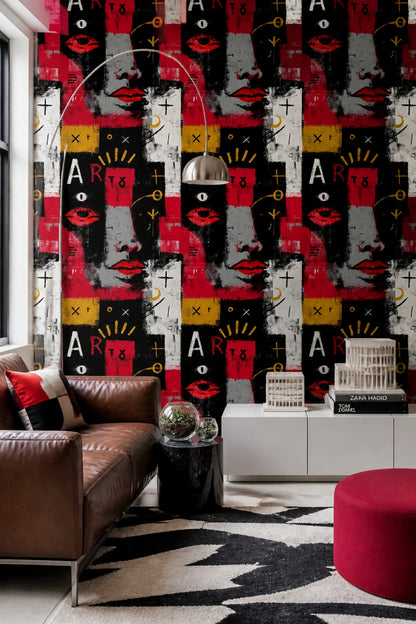 Red and Black Graffiti Wallpaper with Abstract Faces and Typography