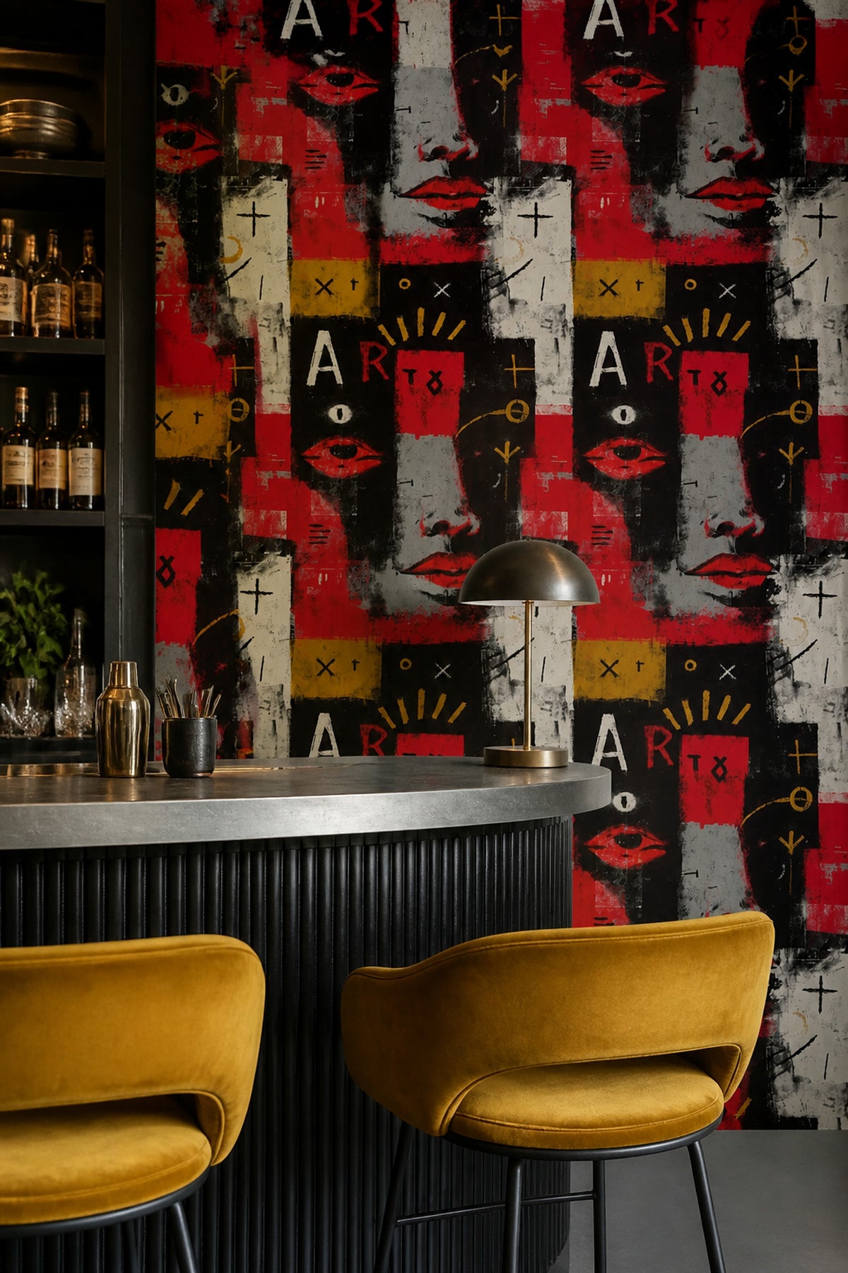 Red and Black Graffiti Wallpaper with Abstract Faces and Typography