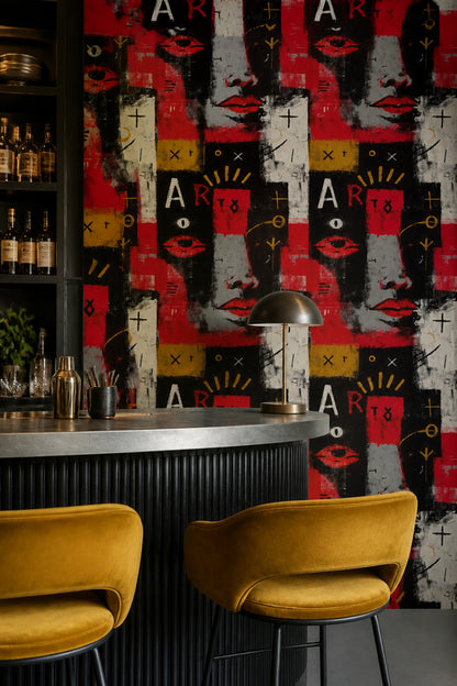 Red and Black Graffiti Wallpaper with Abstract Faces and Typography