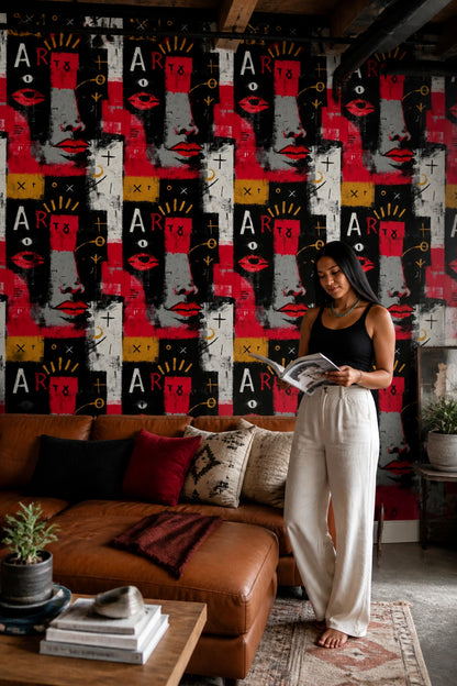 Red and Black Graffiti Wallpaper with Abstract Faces and Typography