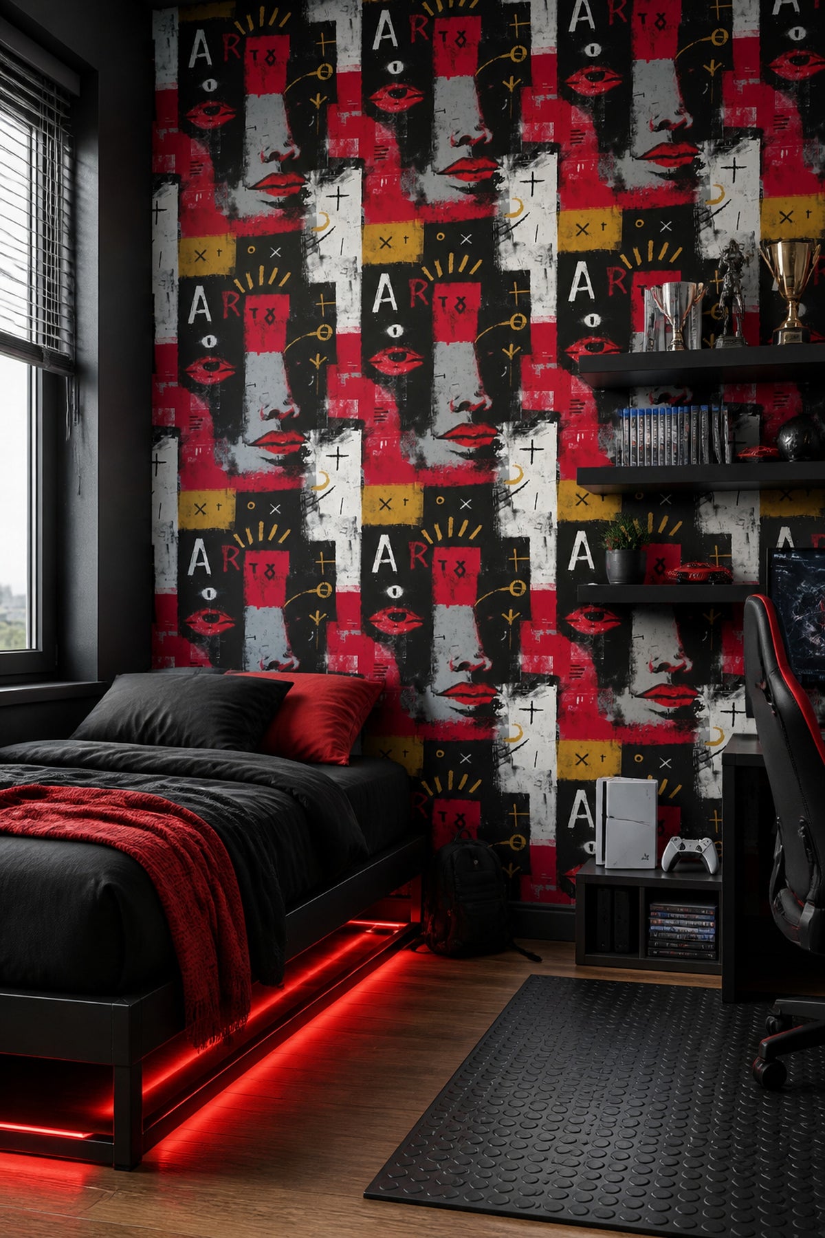 Red and Black Graffiti Wallpaper with Abstract Faces and Typography