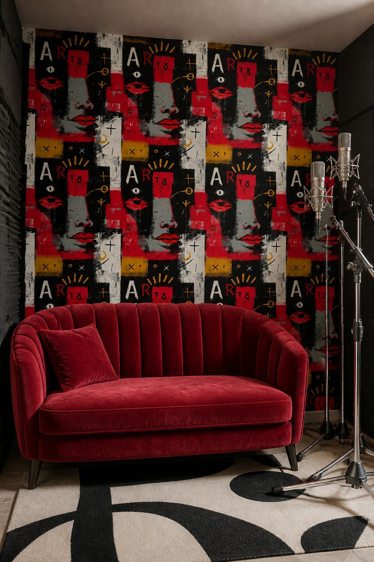 Red and Black Graffiti Wallpaper with Abstract Faces and Typography