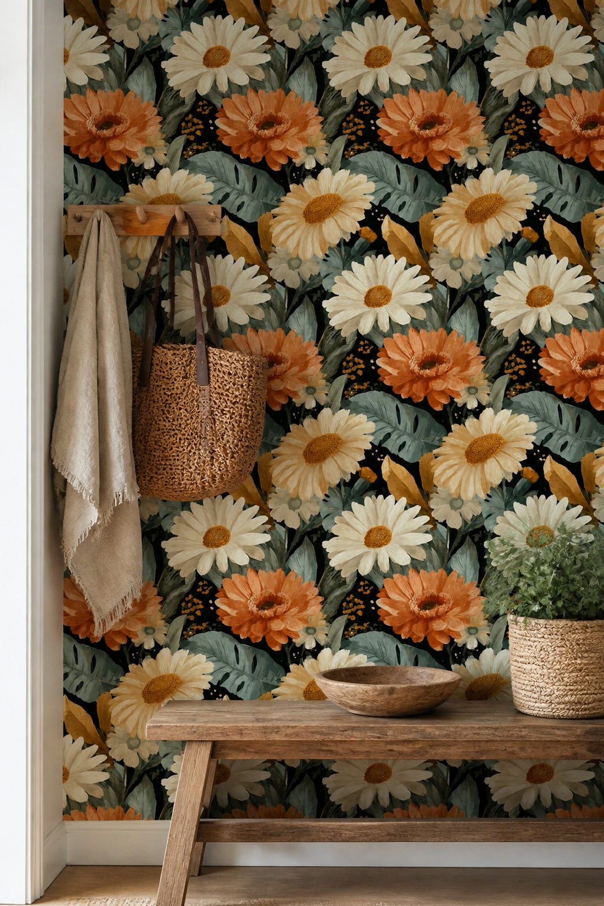 Daisy Floral Wallpaper Large Terracotta Botanical Garden Pattern