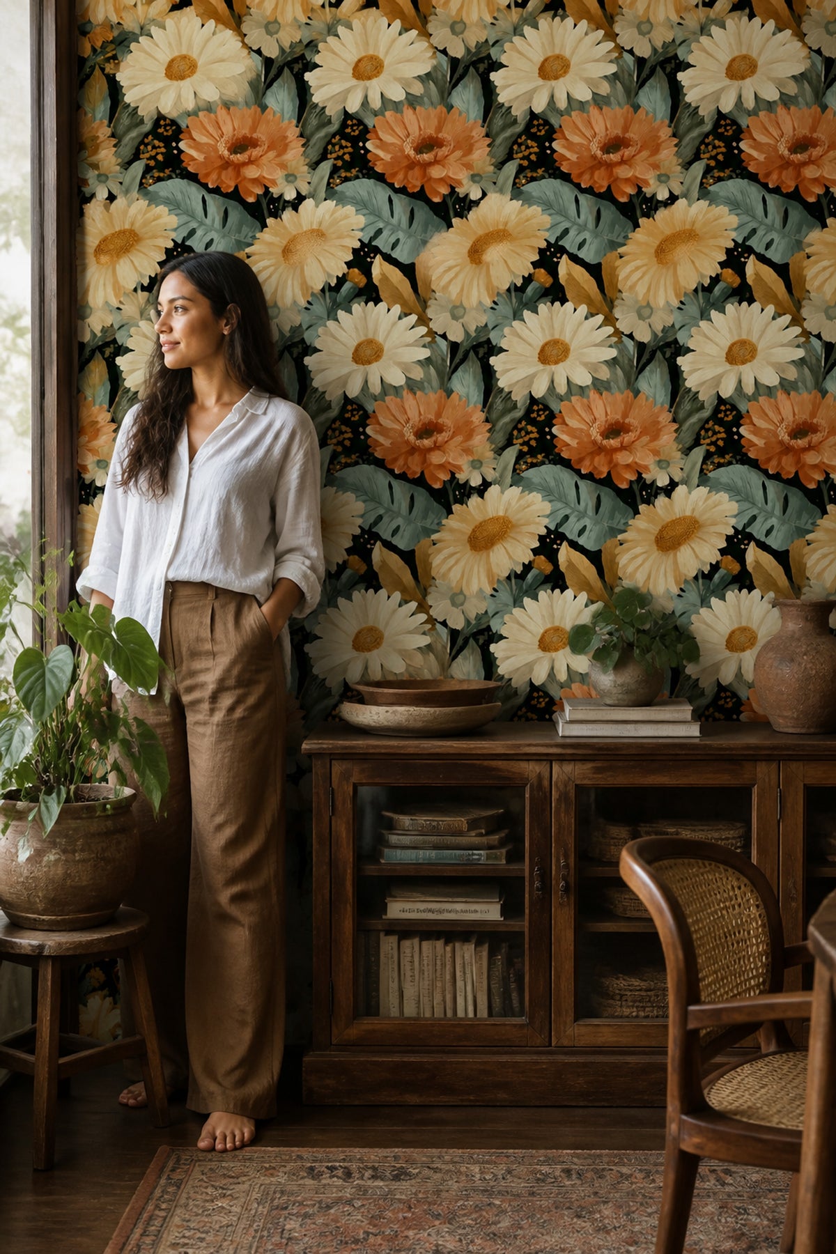 Daisy Floral Wallpaper Large Terracotta Botanical Garden Pattern