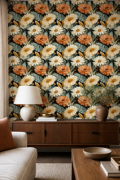 Daisy Floral Wallpaper Large Terracotta Botanical Garden Pattern