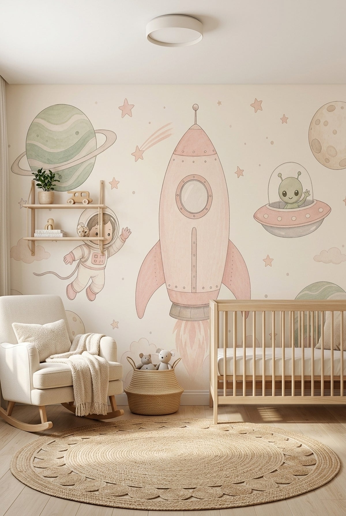 Space Wall Mural Rocket Astronaut Planets Pastel Kids Room Decor