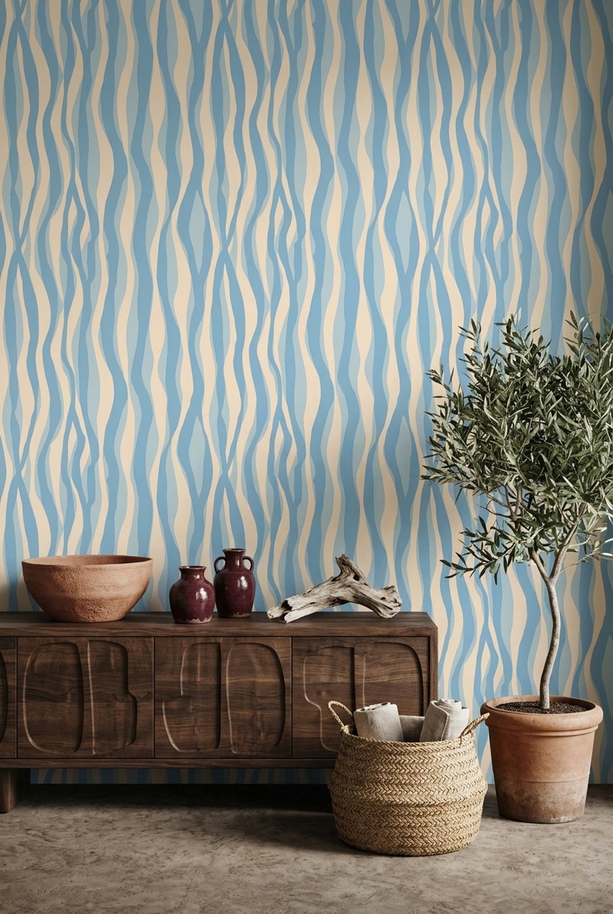 Powder Blue Wallpaper Wavy Stripe Pattern Organic Modern Decor