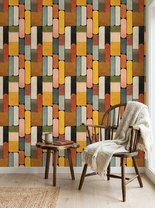 Bauhaus Wallpaper Modular Rounded Blocks Retro Modern Pattern