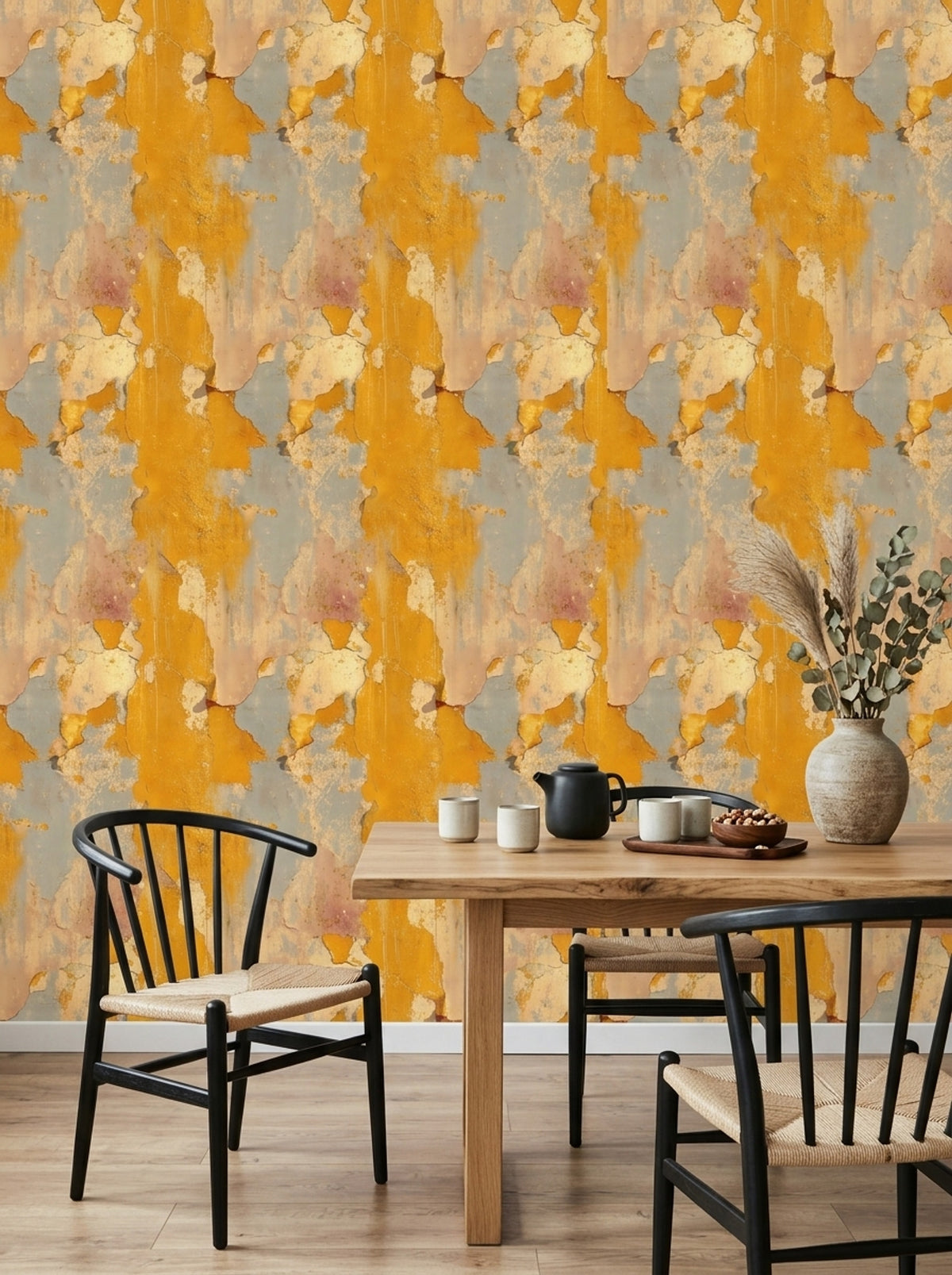Distressed Plaster Wallpaper Mustard Ochre Weathered Wall Texture