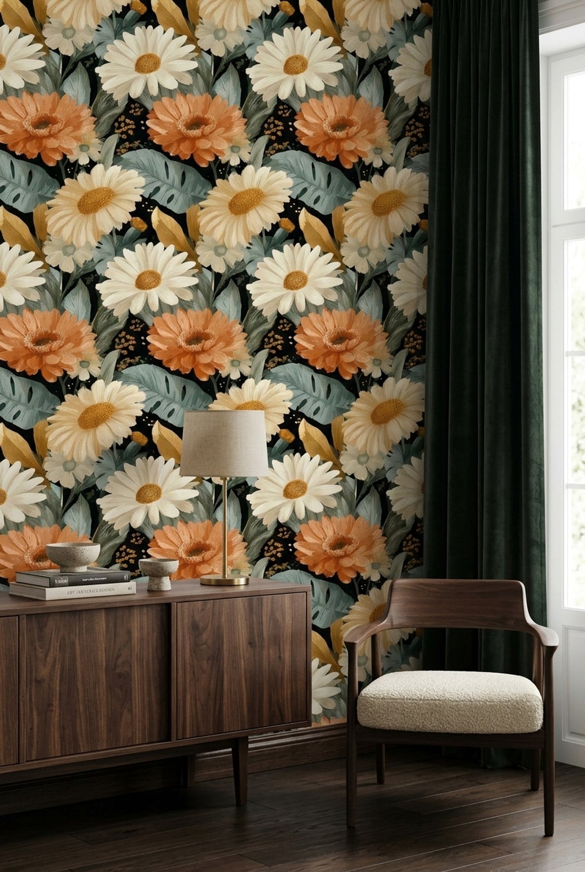 Daisy Floral Wallpaper Large Terracotta Botanical Garden Pattern
