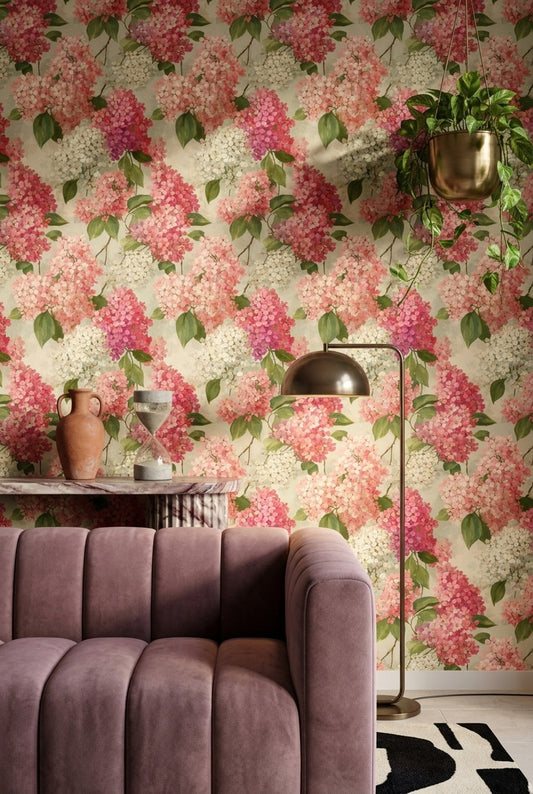 Hydrangea Wallpaper Pink Floral Garden Botanical Pattern