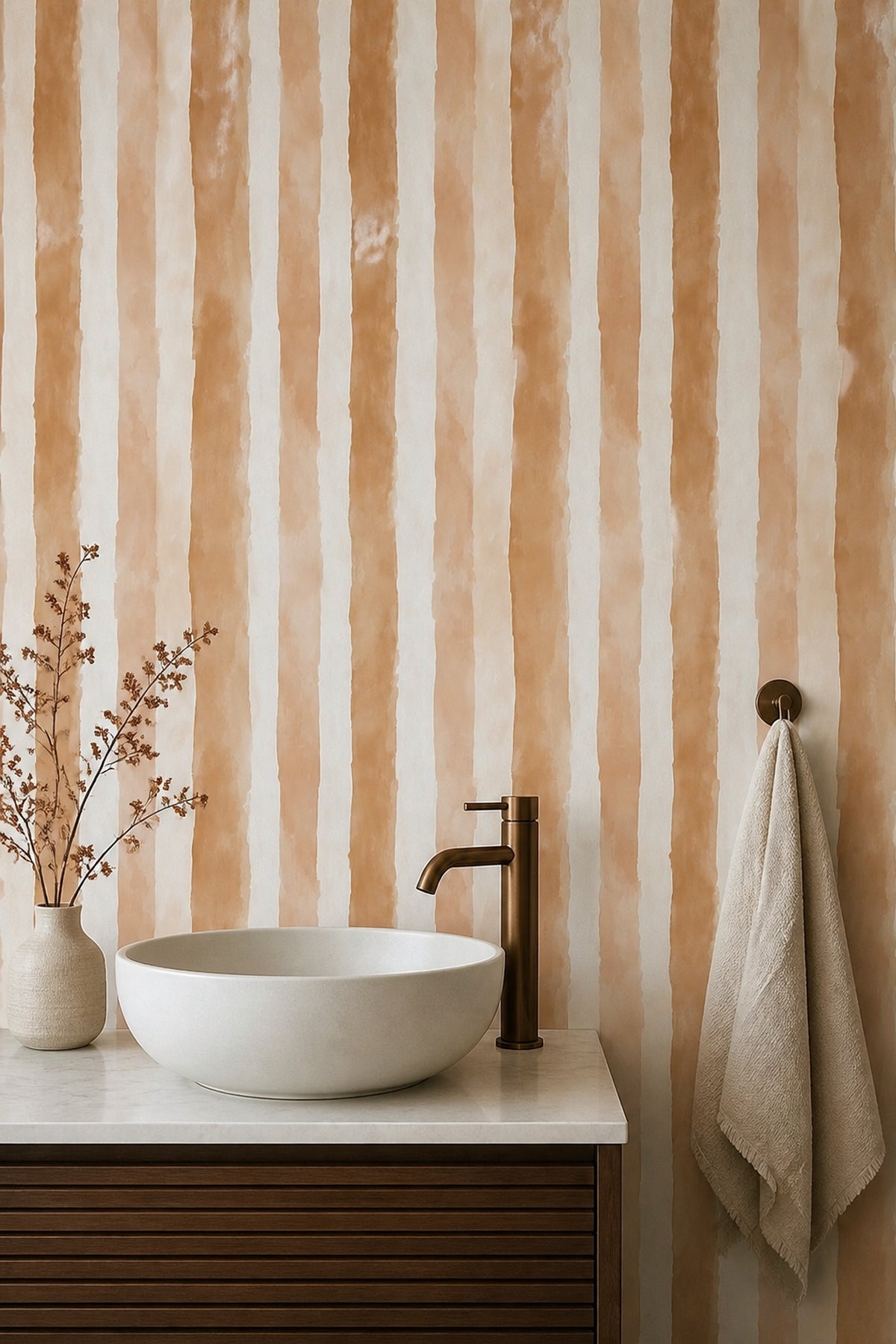 Watercolor Stripe Wallpaper Terracotta Hand Painted Organic Pattern