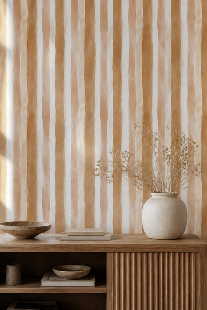 Watercolor Stripe Wallpaper Terracotta Hand Painted Organic Pattern