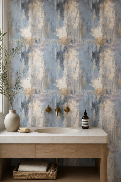 Blue Textured Wallpaper Mineral Plaster Gold Accent