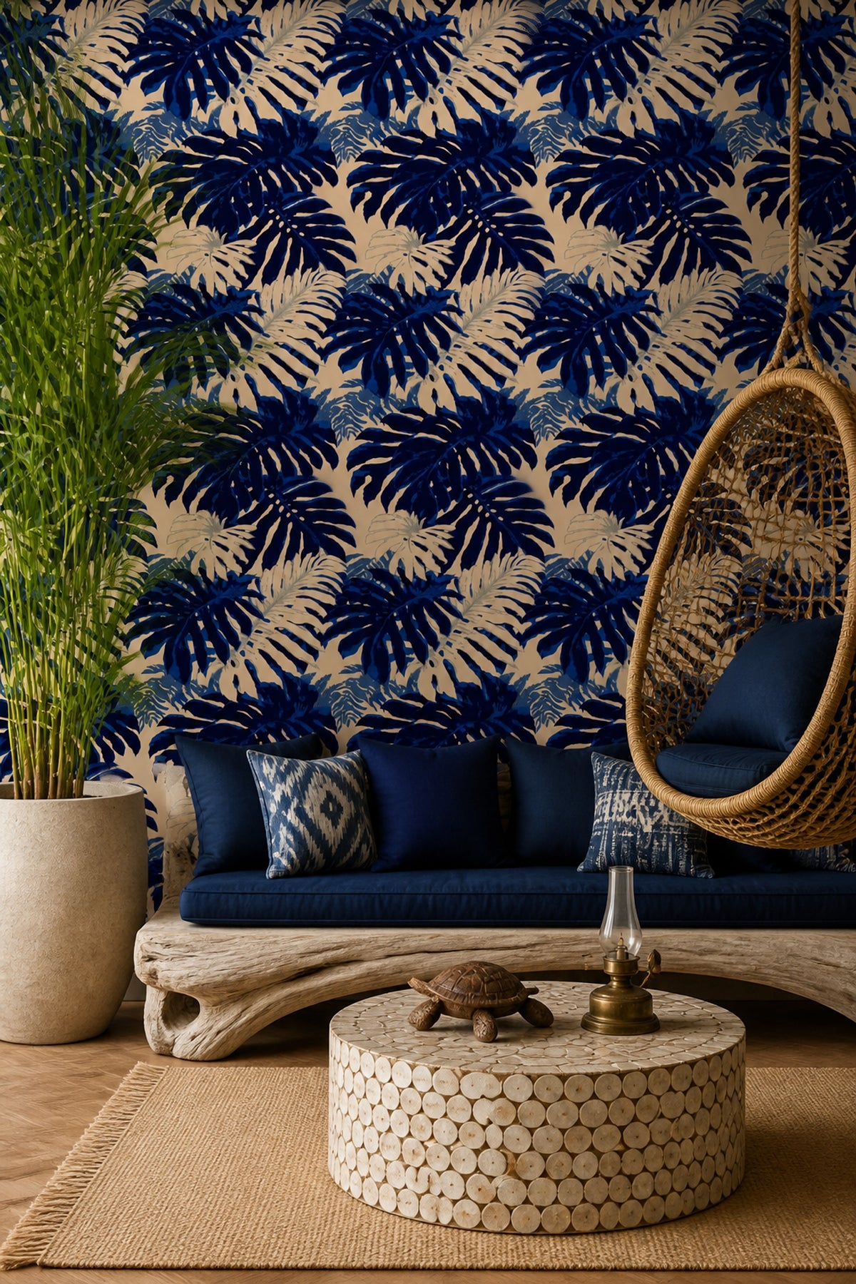 Navy Tropical Wallpaper Monstera Leaf Pattern