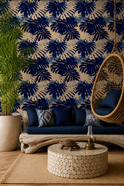 Navy Tropical Wallpaper Monstera Leaf Pattern